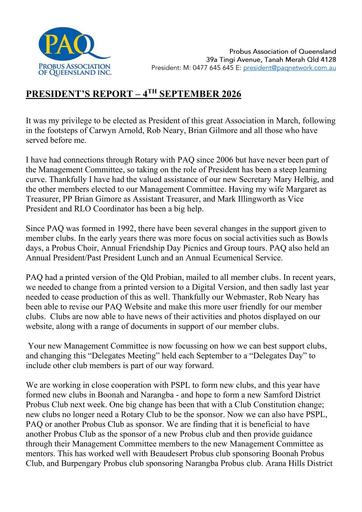 Presidents report September 2026